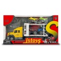 "JS898-19C/JS898-20C ""JS TOYS""friction flatbed trail with 4 pickup trucks, 2 styles assorted"