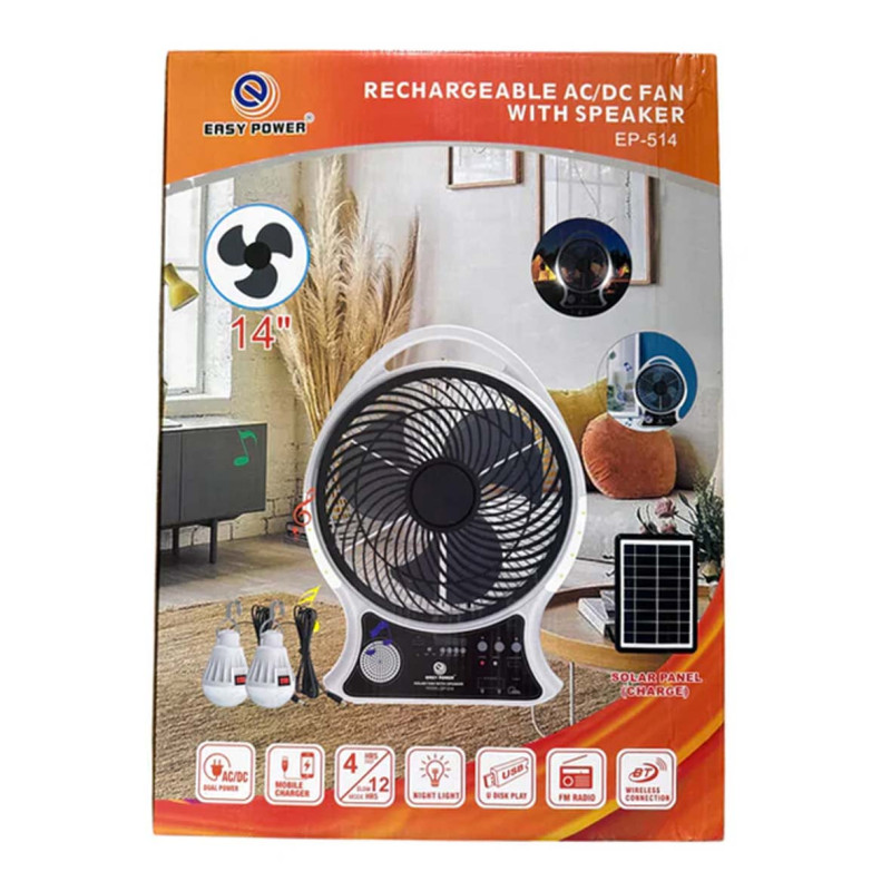 EP-514 RECHARGEABLE BOX FAN 5V USB OUTPUT WITH SOLAR PANEL 9W 14"