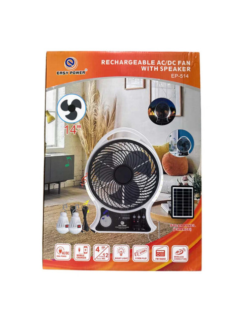 EP-514 RECHARGEABLE BOX FAN 5V USB OUTPUT WITH SOLAR PANEL 9W 14"