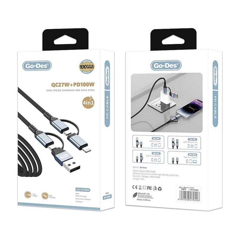UC809 4IN1 PD MULTI-USB-A + TYPE-C TO TYPE-C + LIGHTNING CHARGING AND DATA CABLE 100W 1.2M