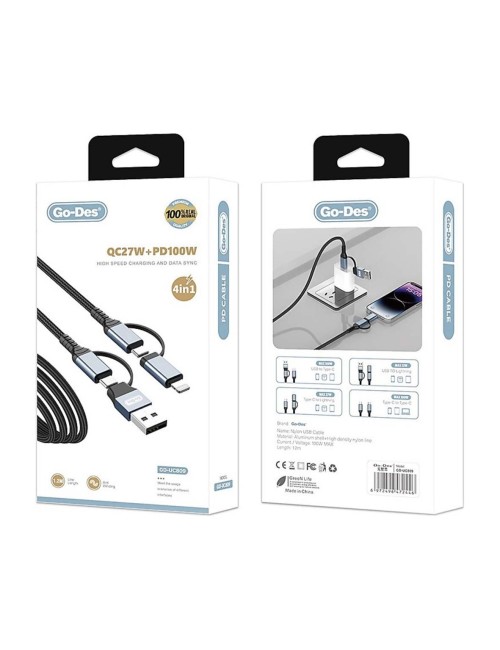 UC809 4IN1 PD MULTI-USB-A + TYPE-C TO TYPE-C + LIGHTNING CHARGING AND DATA CABLE 100W 1.2M