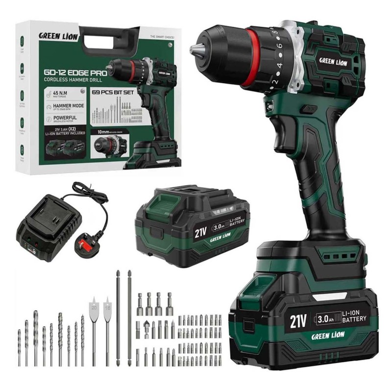 GNGD12CODRGN CORDLESS HAMMER DRILL 2BATTERIES 21V