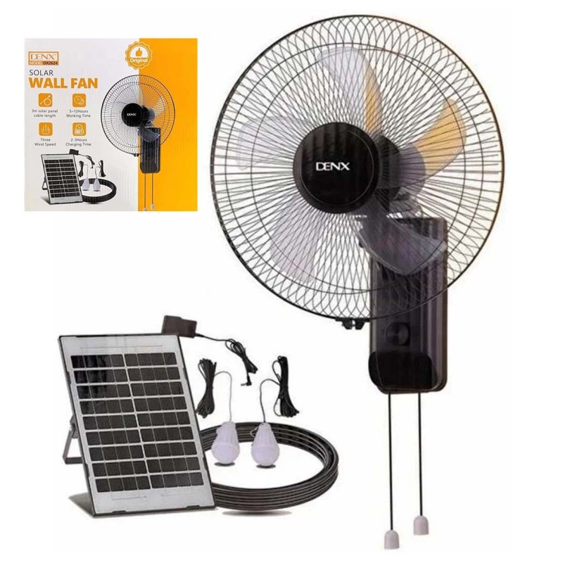 DENX DX2624- SOLAR 12V WALL FAN WITH LED LIGHT, RECHARGEABLE BATTERY.
