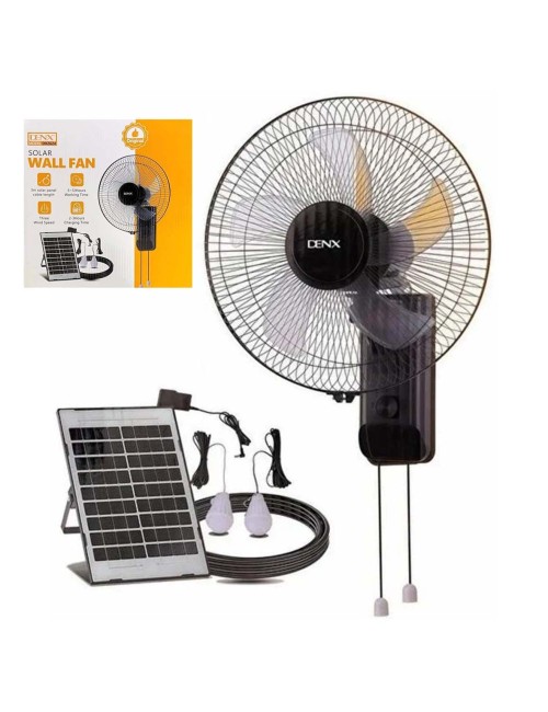 DENX DX2624- SOLAR 12V WALL FAN WITH LED LIGHT, RECHARGEABLE BATTERY.