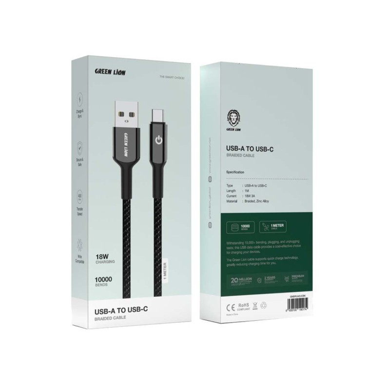 GNBRUA2UCBK BRAIDED CABLE USB-A TO USB-C 18W BLACK 1M