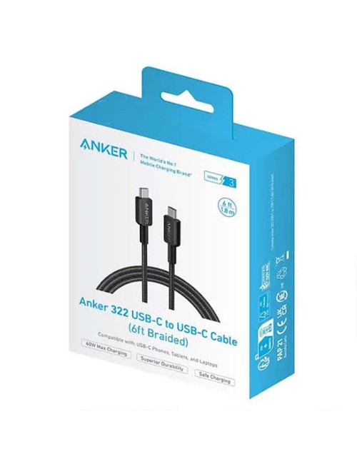 ANKER 322-USB-C TO USB-C CABLE (3FT BRAIDED) 60W FAST CHARGING BLACK