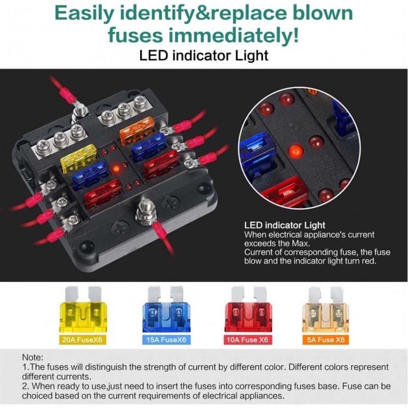 6CIRCUIT FUSE BOX BLOCK HOLDER WITH LED INDICATOR LIGHT