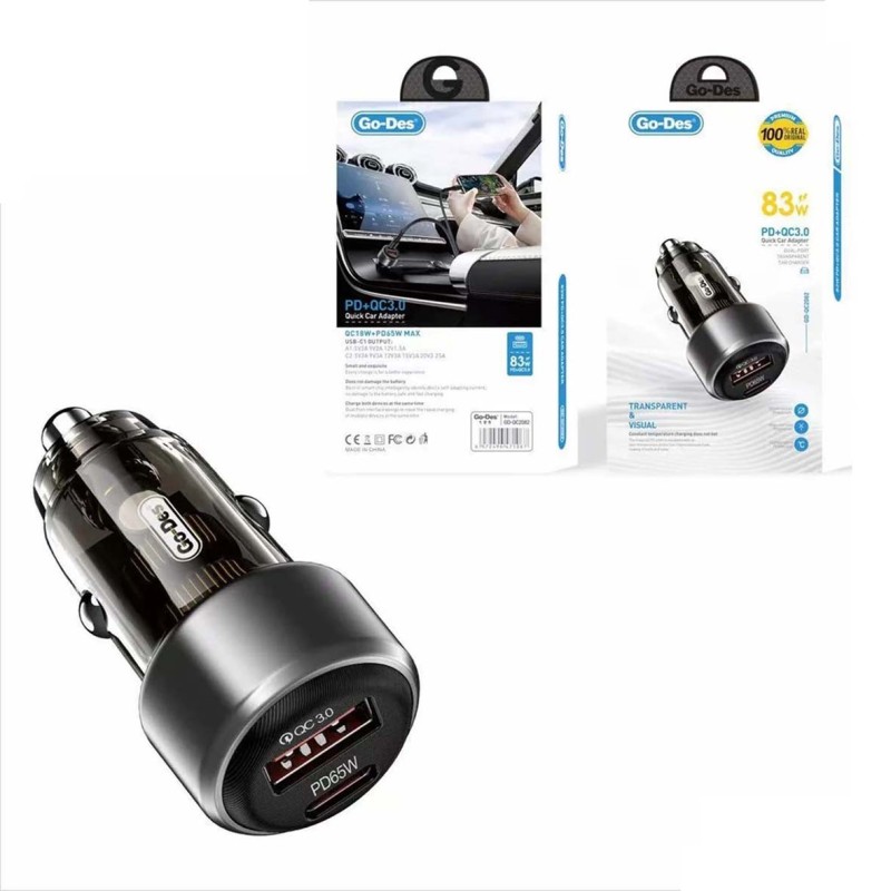 GD-QC2081 PD65W QC3.0 FAST CAR CHARGER 65W USB C TYPE C DUAL PORT+C ADAPTOR