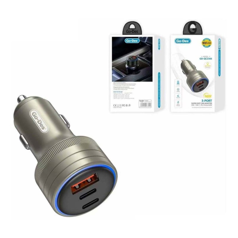 GD-QC2366 66W 3-PORT USB C SUPPER FAST CAR ADAPTER