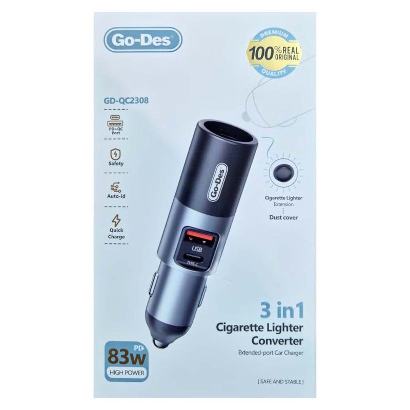 GD-QC2308 83W 3-IN-1CIGARETTE LIGHTER CONVERTER WITH USB & TYPE C CAR ADAPTER