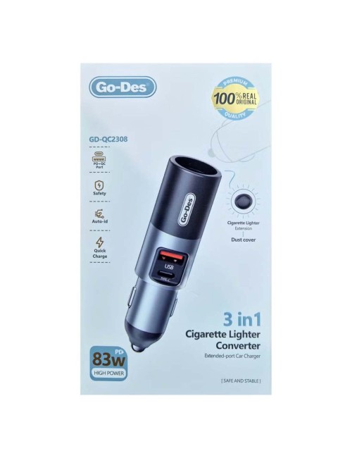 GD-QC2308 83W 3-IN-1CIGARETTE LIGHTER CONVERTER WITH USB & TYPE C CAR ADAPTER