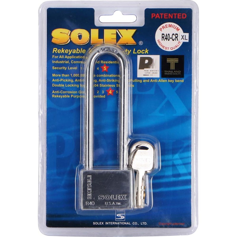NO. R40CRXL LONG SHACKLE CHROME PADLOCK 40 MM H.D.
