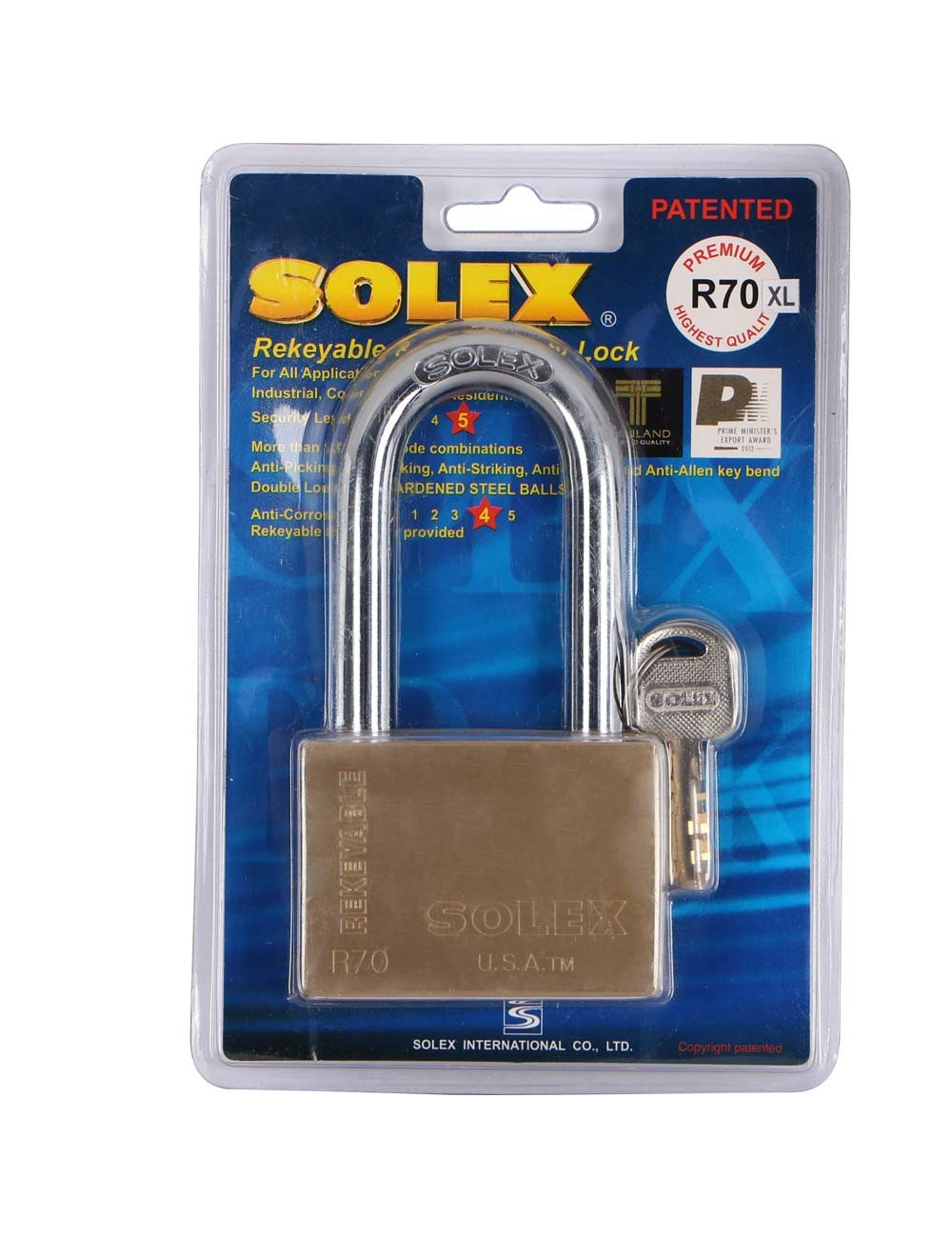 NO.R70XL LONG SHACKLE BRASS PADLOCK 70 MM H.D.