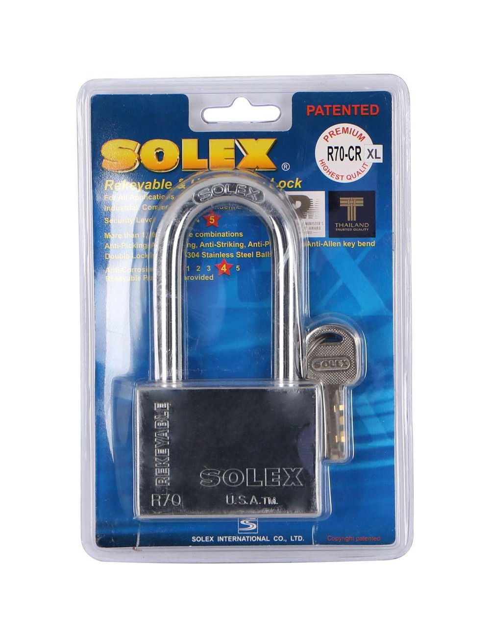 NO.R70CRXL LONG SHACKLE CHROME PADLOCK 70 MM H.D.