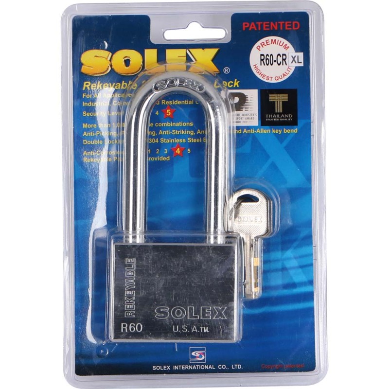 NO.R60CRXL LONG SHACKLE CHROME PADLOCK 60 MM H.D.