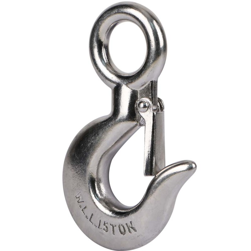 STAINLESS STEEL EYE HOIST HOOK W/ LATCH 1.5 TON