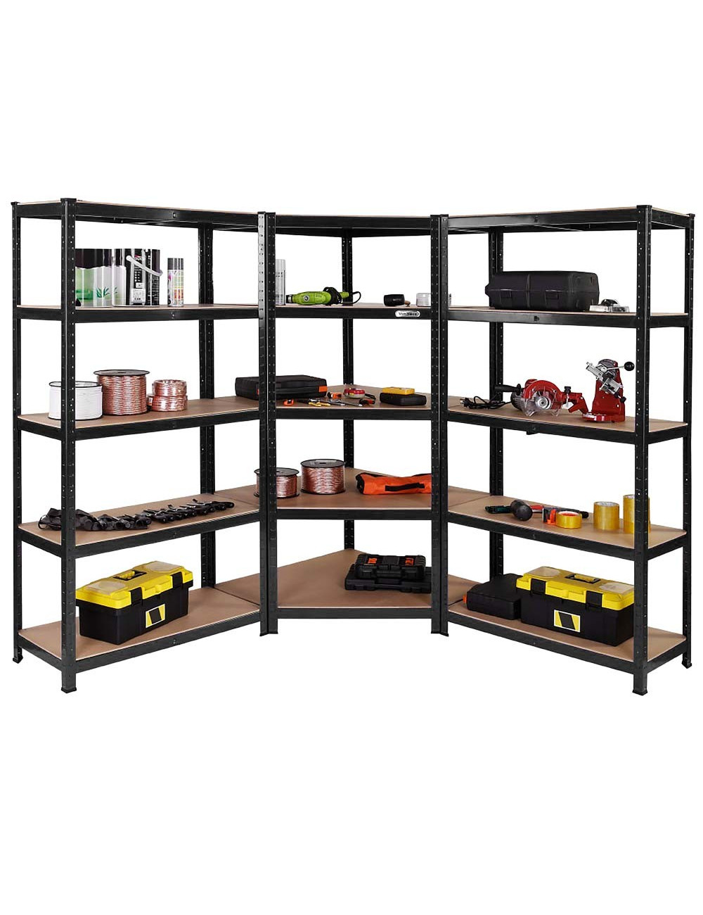 T20 CORNER SHELF WITH 5 WOOD SHELF 900 x 450 x 1800MM H.D BLACK