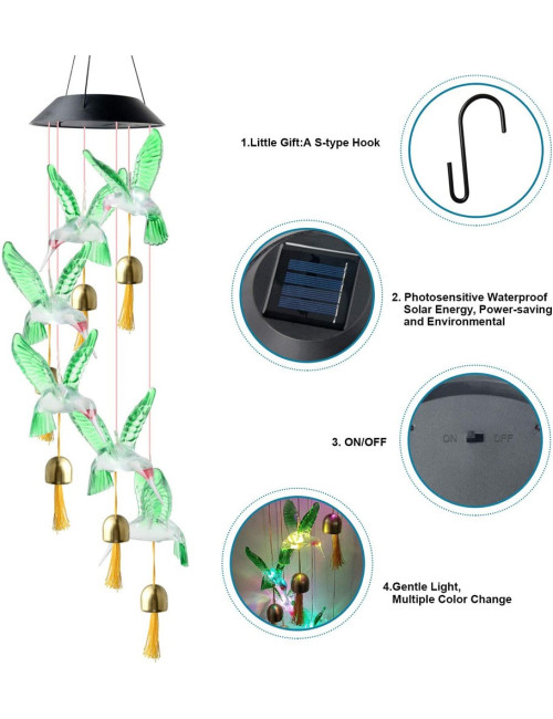 SMALL COLOURED BIRD SOLAR WIND CHIME 70 * 13 CM