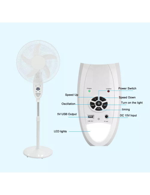 GD-916 - RECHARGEABLE FAN 18V WITH SOLAR PANEL 20W RECHARGEABLE BATTERY 5V USB OUTPUT