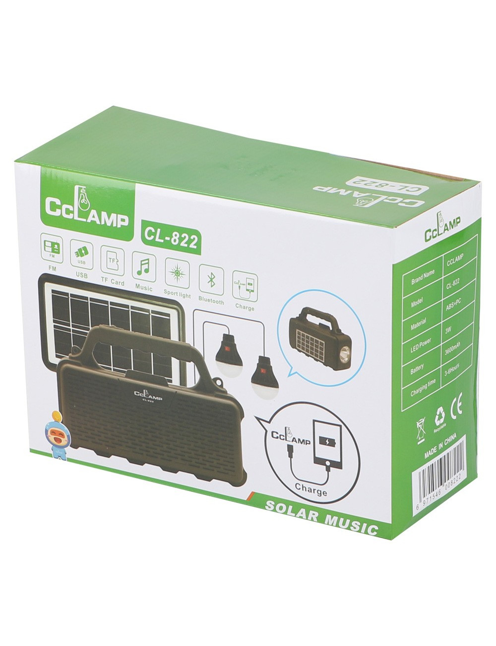 CL-822 - SOLAR MUSIC 3600 MAH RECHARGEABLE LITHIUM BATTERY WITH SOLAR PANEL 1.2W