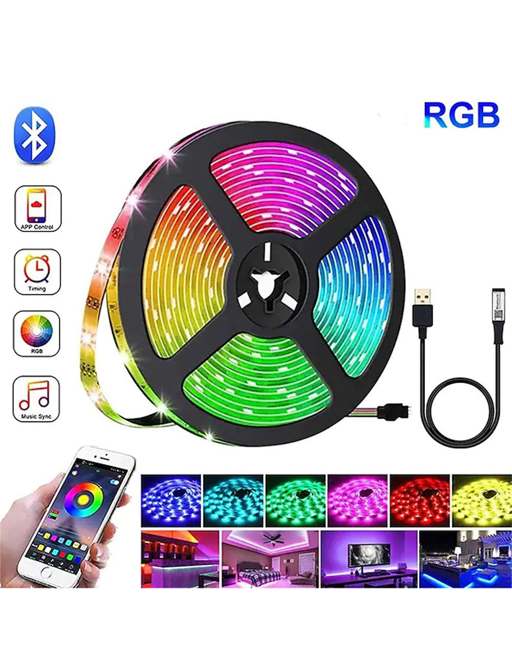شريط ليد 10 متر مع ريموت +بلوتوث مع محول USB-LED-RGB