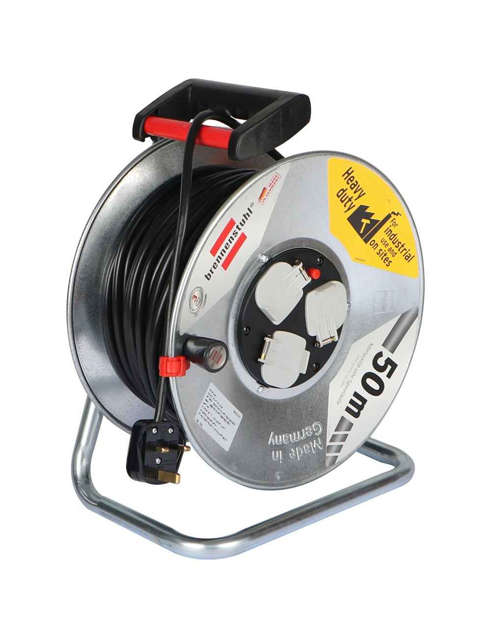 STEEL CABLE REEL 13 AMP x 3 SOCKETS x 50 MTR
