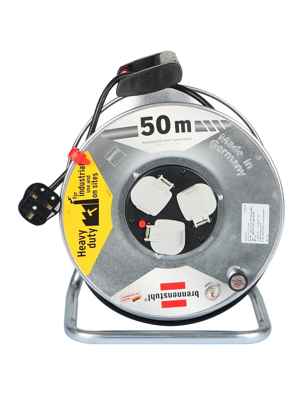 STEEL CABLE REEL 13 AMP x 3 SOCKETS x 50 MTR