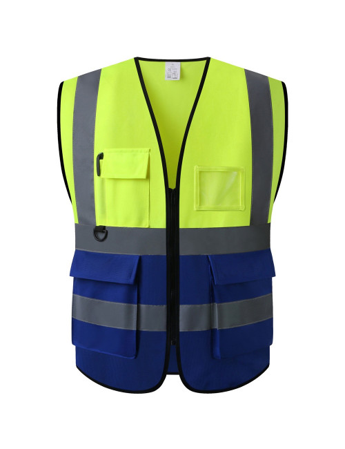 SAFETY VEST WRAP KNITTED FABRIC BRIGHT REFLECTIVE STRIP PVC POCKET BLUE AND YELLOW 120G