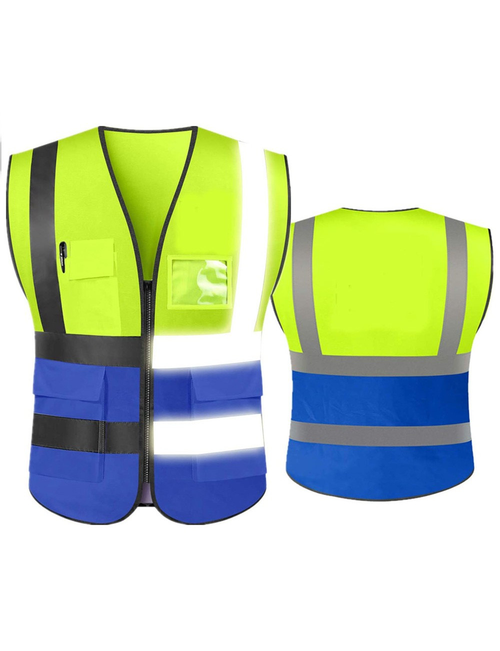 SAFETY VEST WRAP KNITTED FABRIC BRIGHT REFLECTIVE STRIP PVC POCKET BLUE AND YELLOW 120G