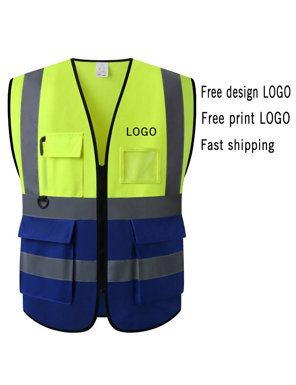 SAFETY VEST WRAP KNITTED FABRIC BRIGHT REFLECTIVE STRIP PVC POCKET BLUE AND YELLOW 120G