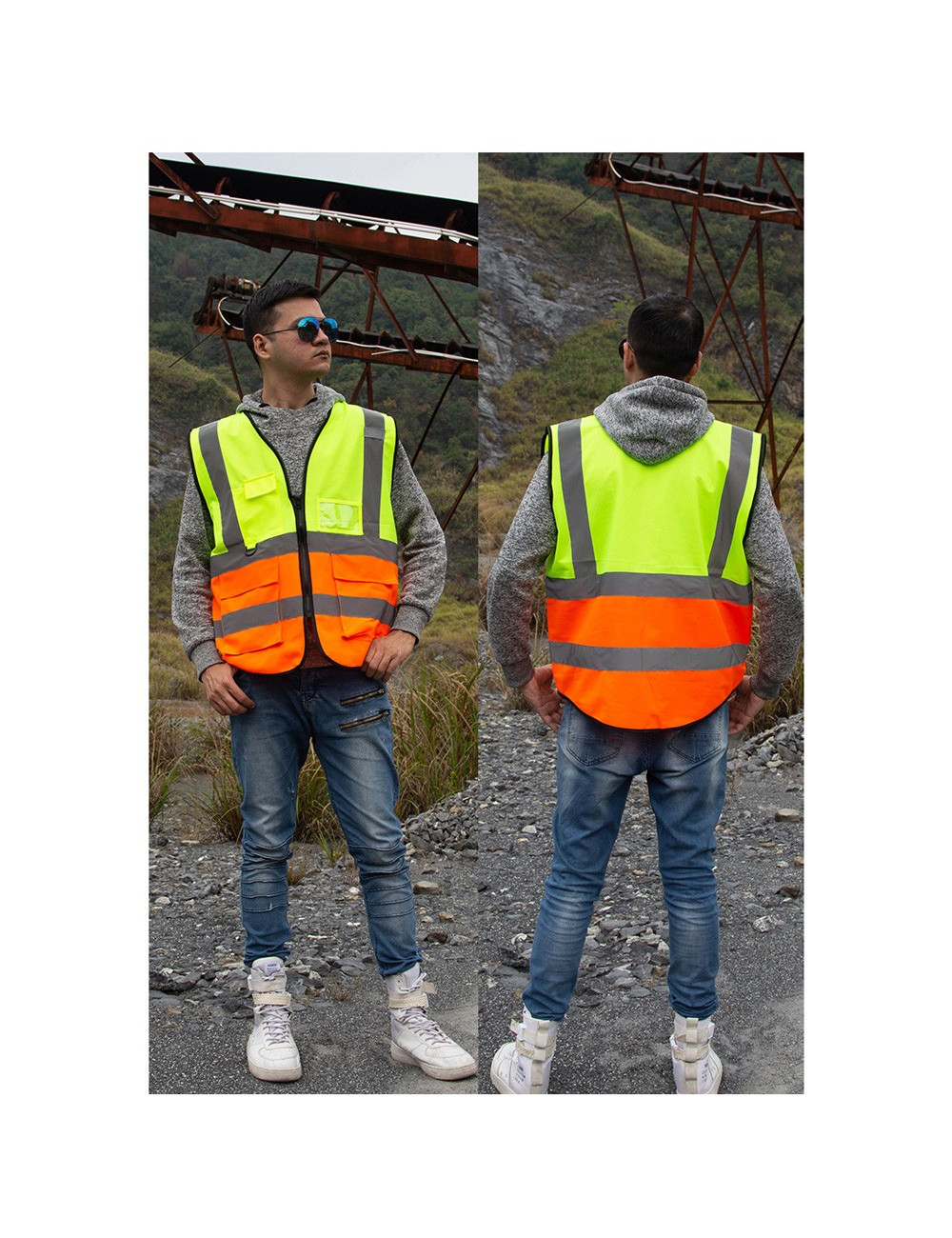 SAFETY VEST WRAP KNITTED FABRIC BRIGHT REFLECTIVE STRIP PVC POCKET YELLOW AND ORANGE 120G