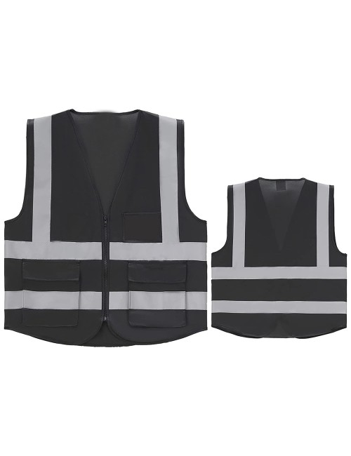 SAFETY VEST LONG ZIPPER PLAIN BRIGHT STRIP REFLECTIVE STRIP ON SHOULDER BLACK 120G