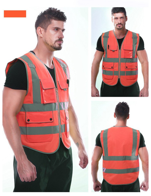 SAFETY VEST WRAP KNITTED FBRIC REFECTIVE BONDED FABRIC BUTTON POCKET WITH SIDE POCKET ORANGE 120G