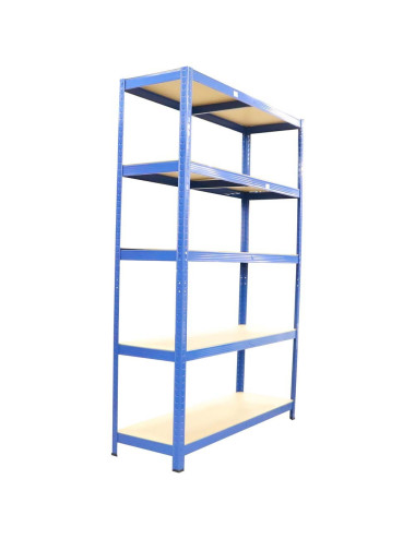 T20 POWDER COATED STEEL SHELF WITH 5 WOOD SHELF BLUE 750 x 300 x 1500MM