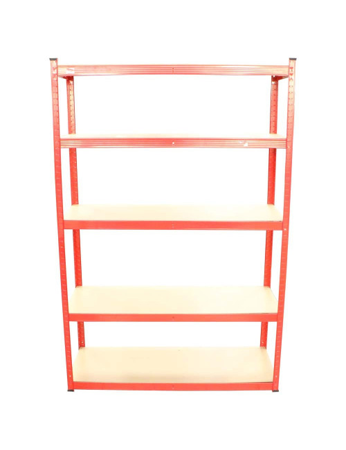 T20 POWDER COATED STEEL SHELF WITH 5 WOOD SHELF RED 750 x 300 x 1500MM