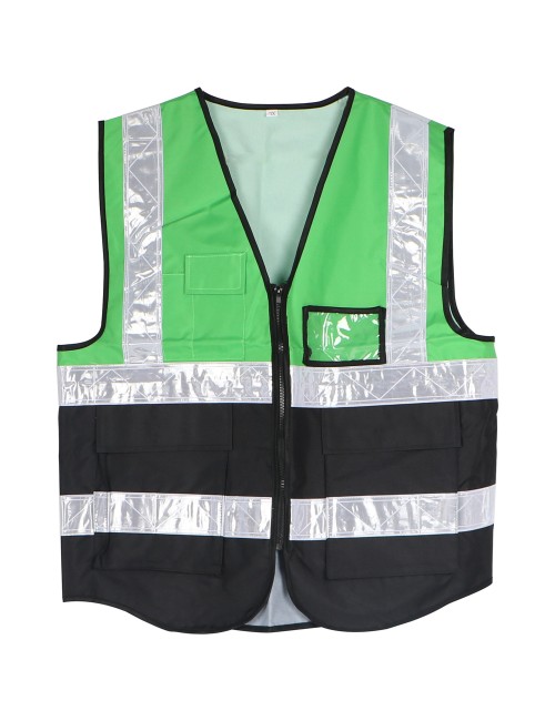 A-HEAVY DUTY SAFETY VEST OXFORD CLOTH 3 POCKETS + 1 CARD POCKET GREEN AND BLACK XL