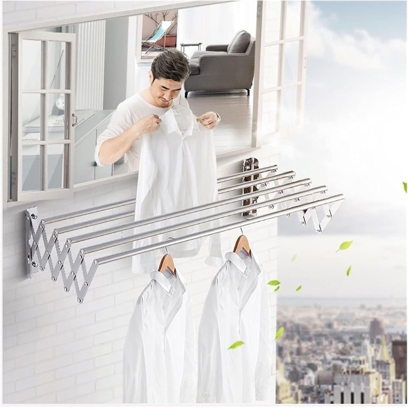 LZH-007 STAINLESS STEEL WALL MOUNTED CLOTHES DRYING 5 RODS RACK 80 X 37.5CM