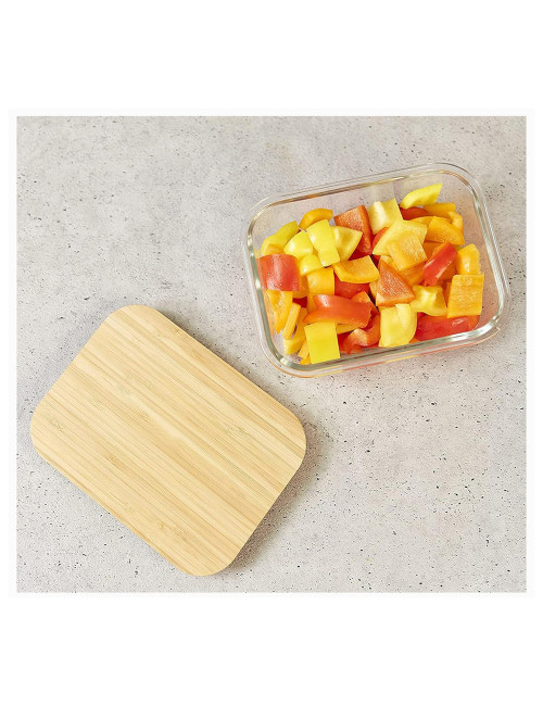Glass Rectangular Container With Bamboo Lid - Medium -1040 Ml