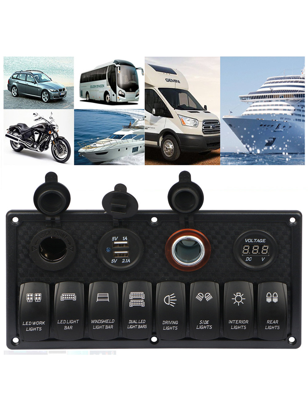 USB 016 منظم اضائة سيارة 8 سويتش + 2 ولاعة سيارة