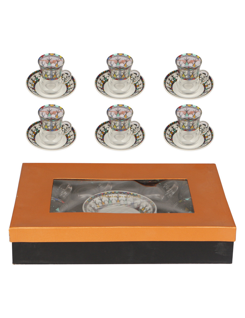 Tea Set -12 Pcs (6 Glass Cups + 6 Ceramic Saucers)