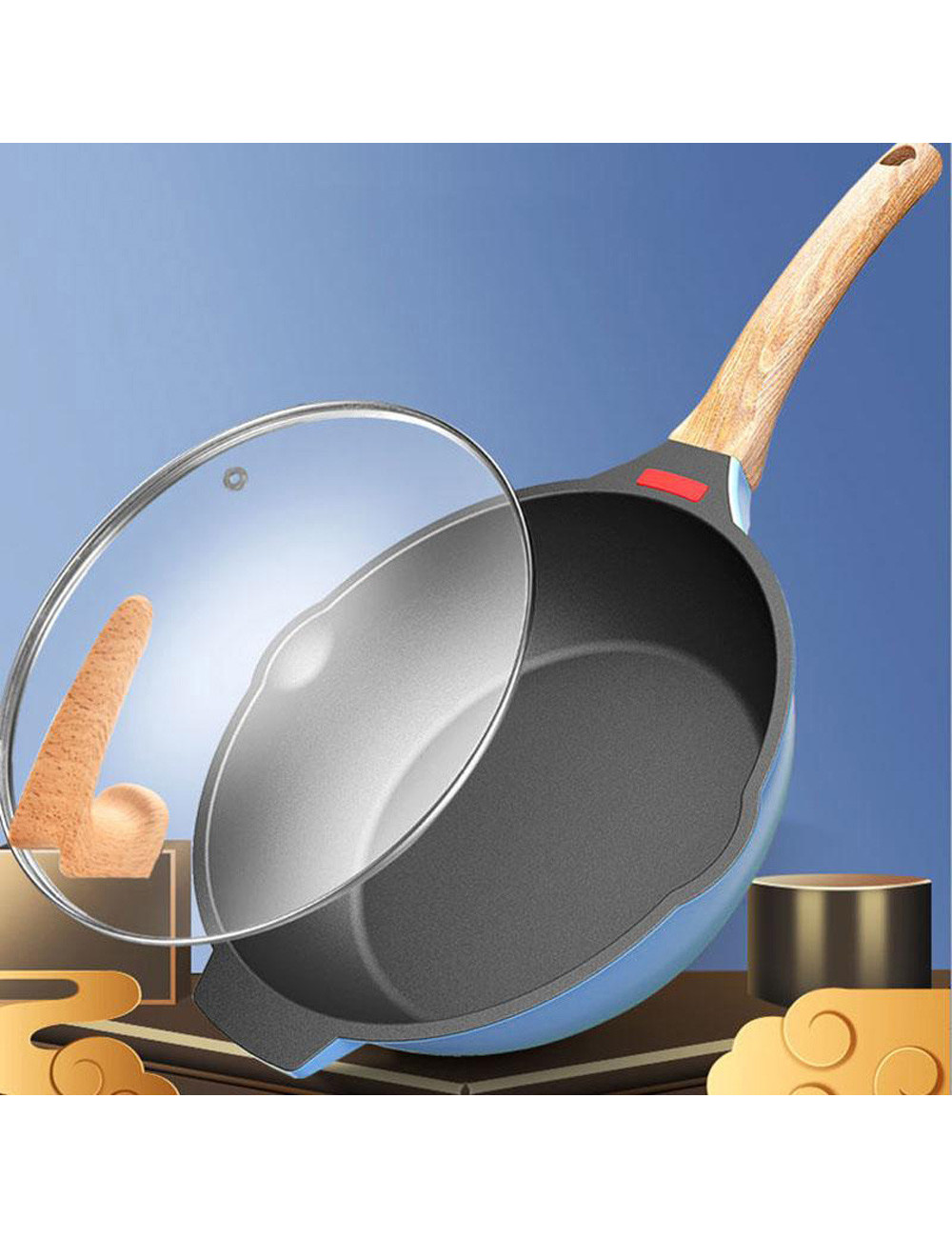 LARGE FRYING PAN WITH BLUE LID