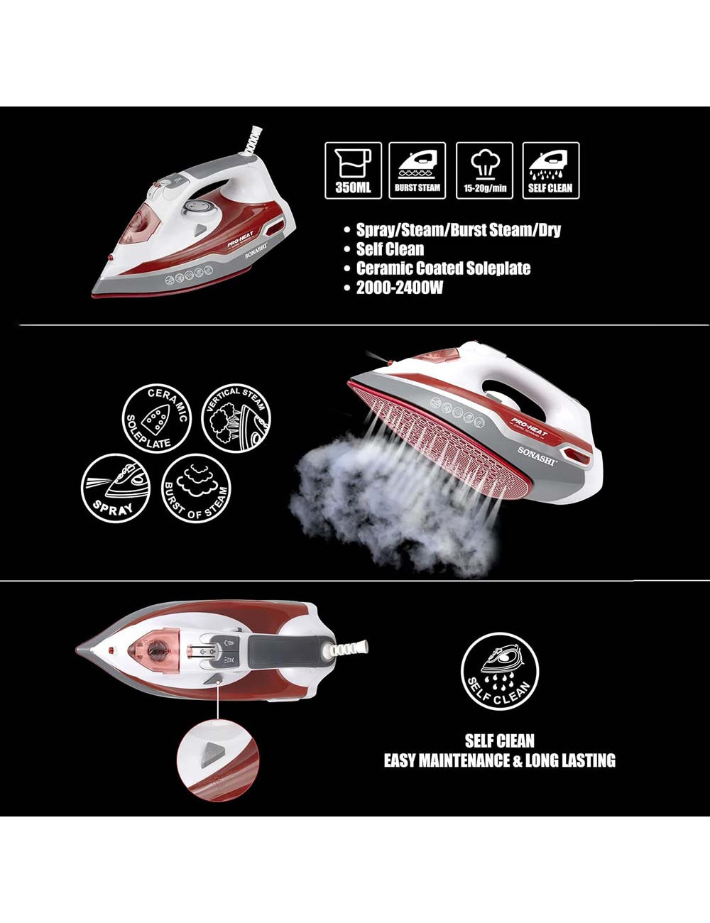 SONASHI STEAM IRON WITH CERAMIC COATED SOLE PLATE-2400W