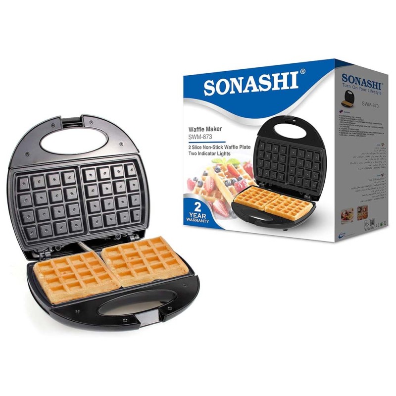 SONASHI TWO SLICE WAFFLE MAKER WITH NON-STICK WAFFLE PLATE