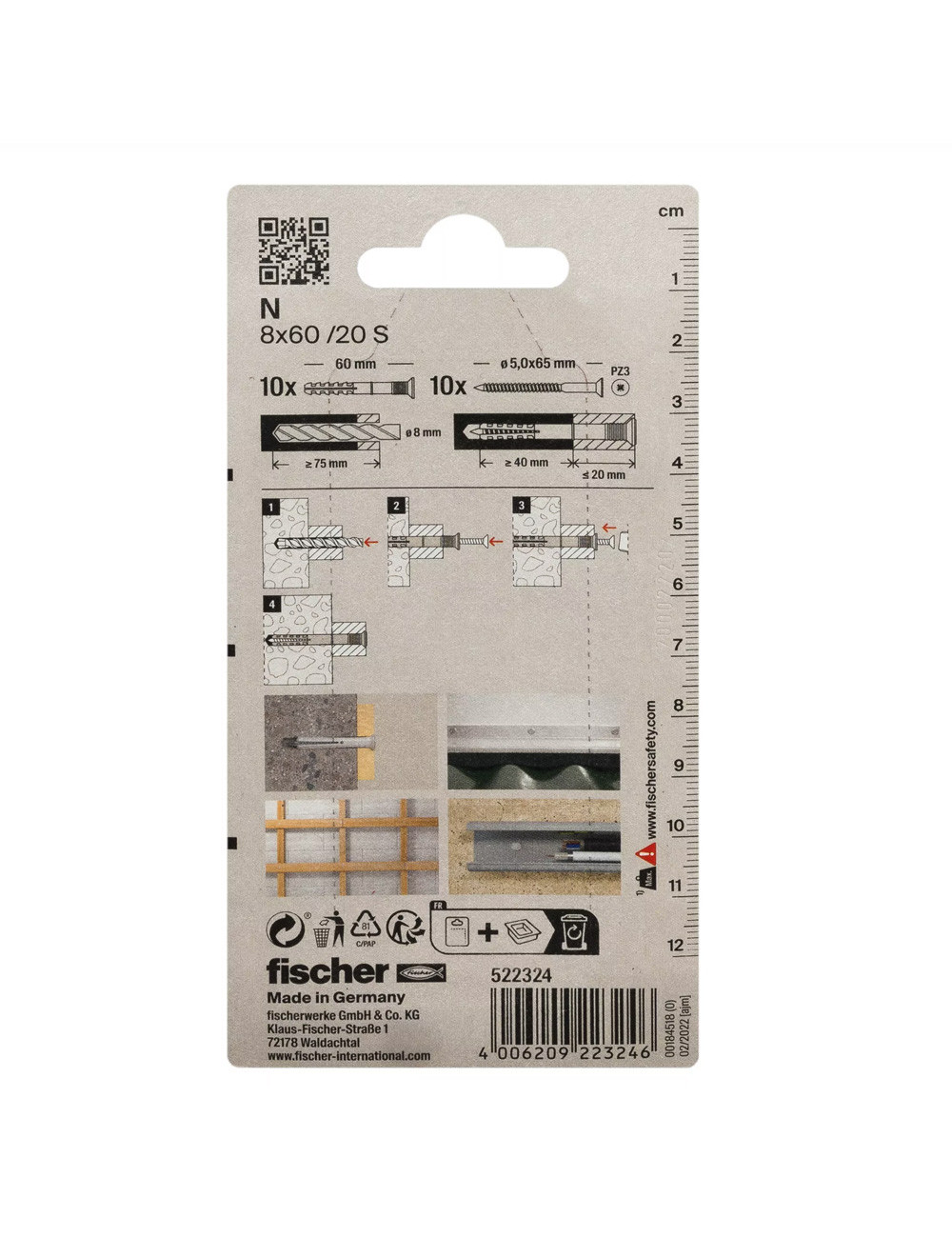 522324 FISHCHER KORT N8x60 K PLUG + COUNTER SUNK SCREW 10PCS