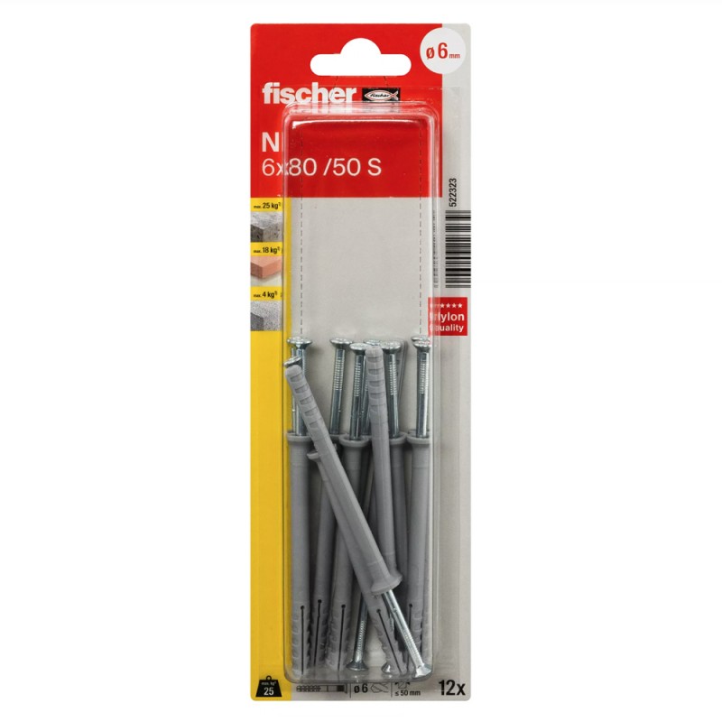 522323 FISHCHER KORT N 6x80K PLUG + COUNTER SUNK SCREW 12PCS