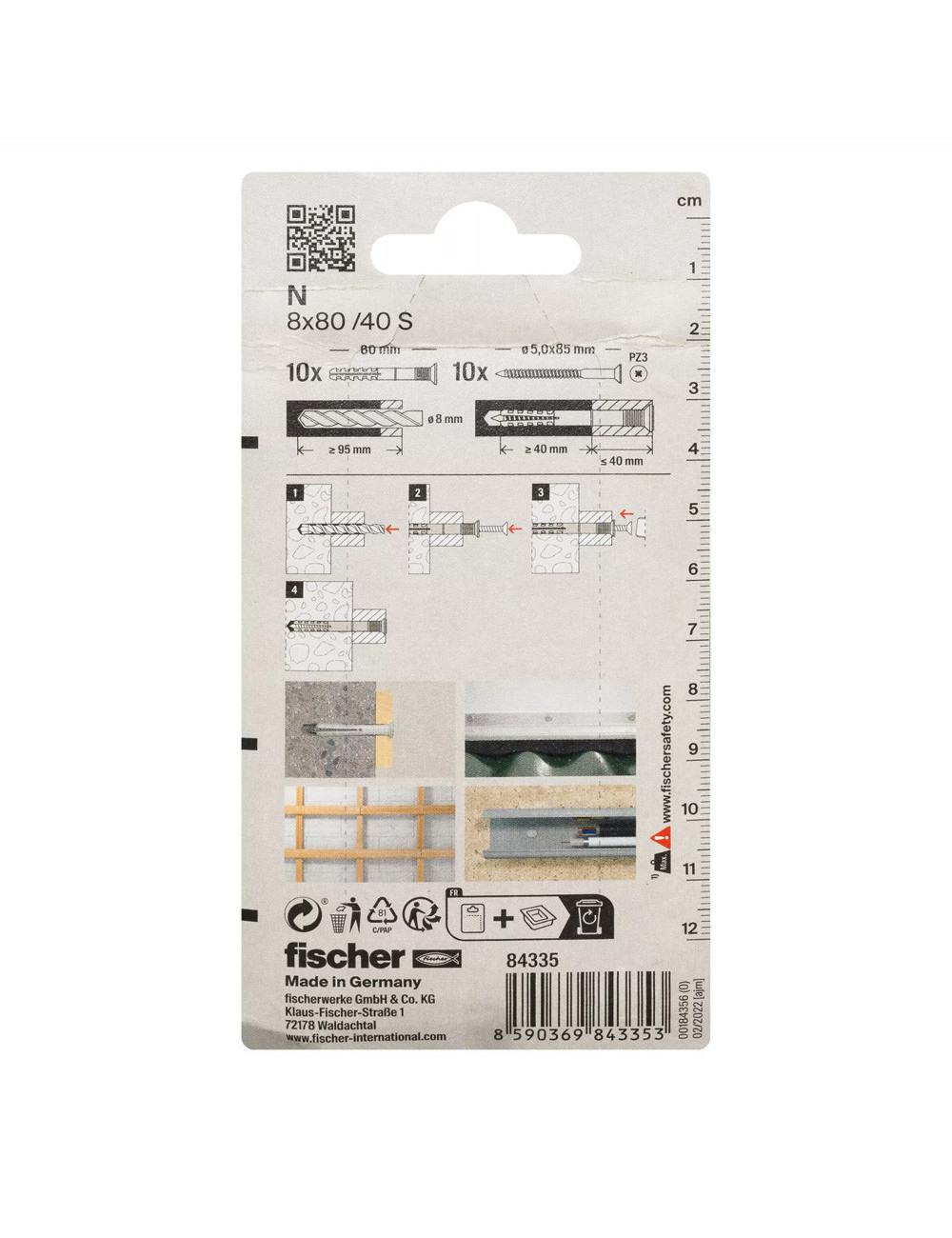 84335 FISHCHER N 8 K /BLISTER/ PLUG + COUNTER SUNK SCREW 10PCS