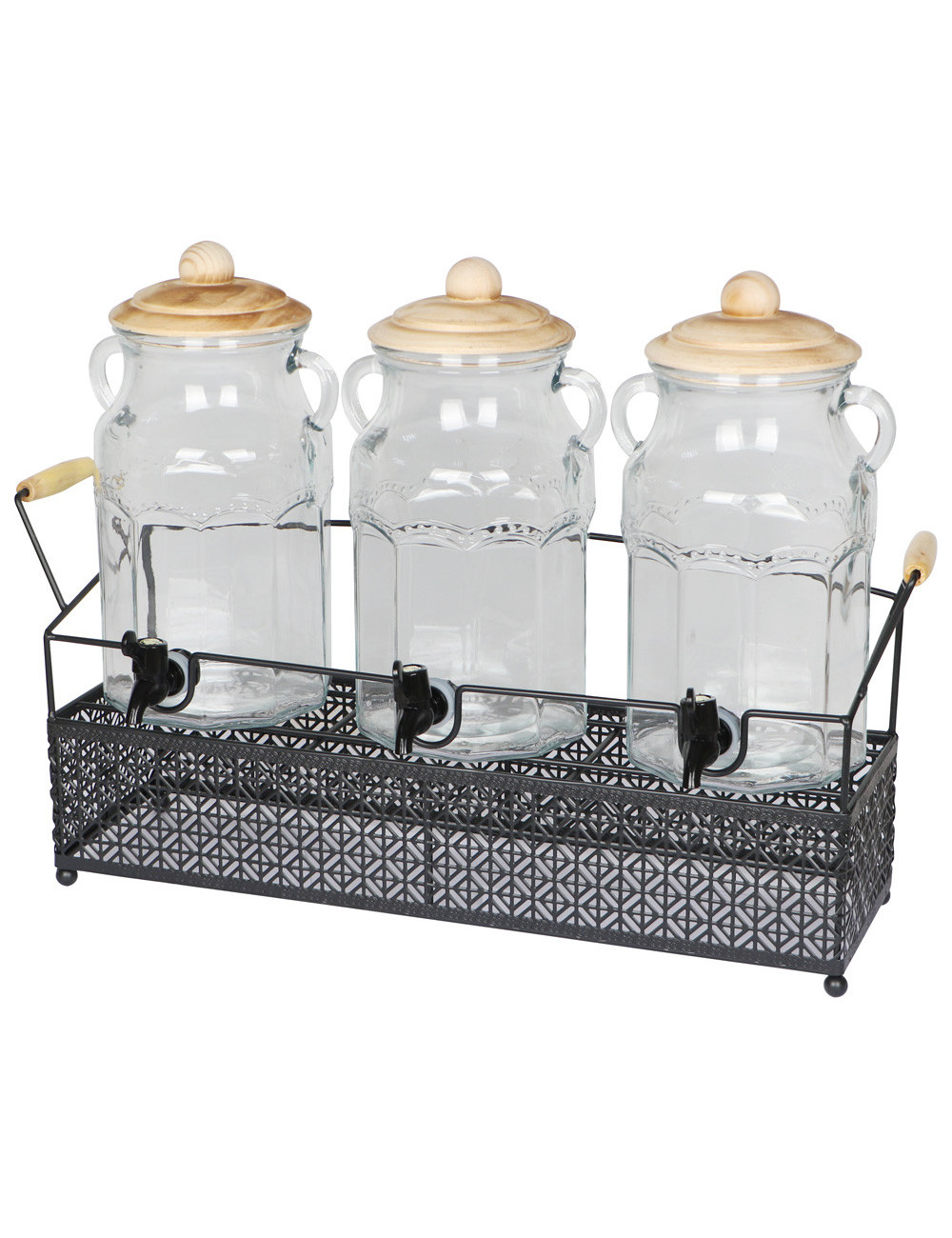 JUICE DISPENSER WITH BAMBOO LID AND METAL STAND THREE BOTLLE