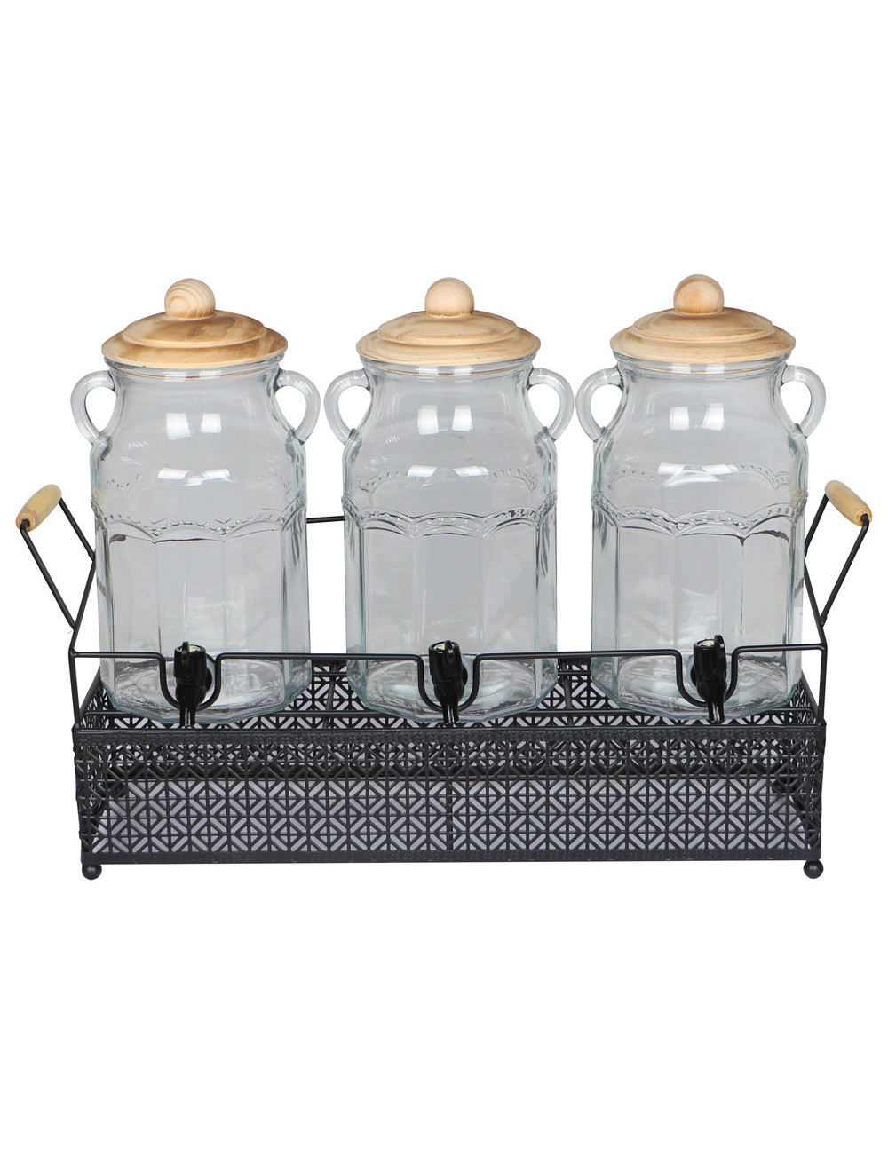 JUICE DISPENSER WITH BAMBOO LID AND METAL STAND THREE BOTLLE