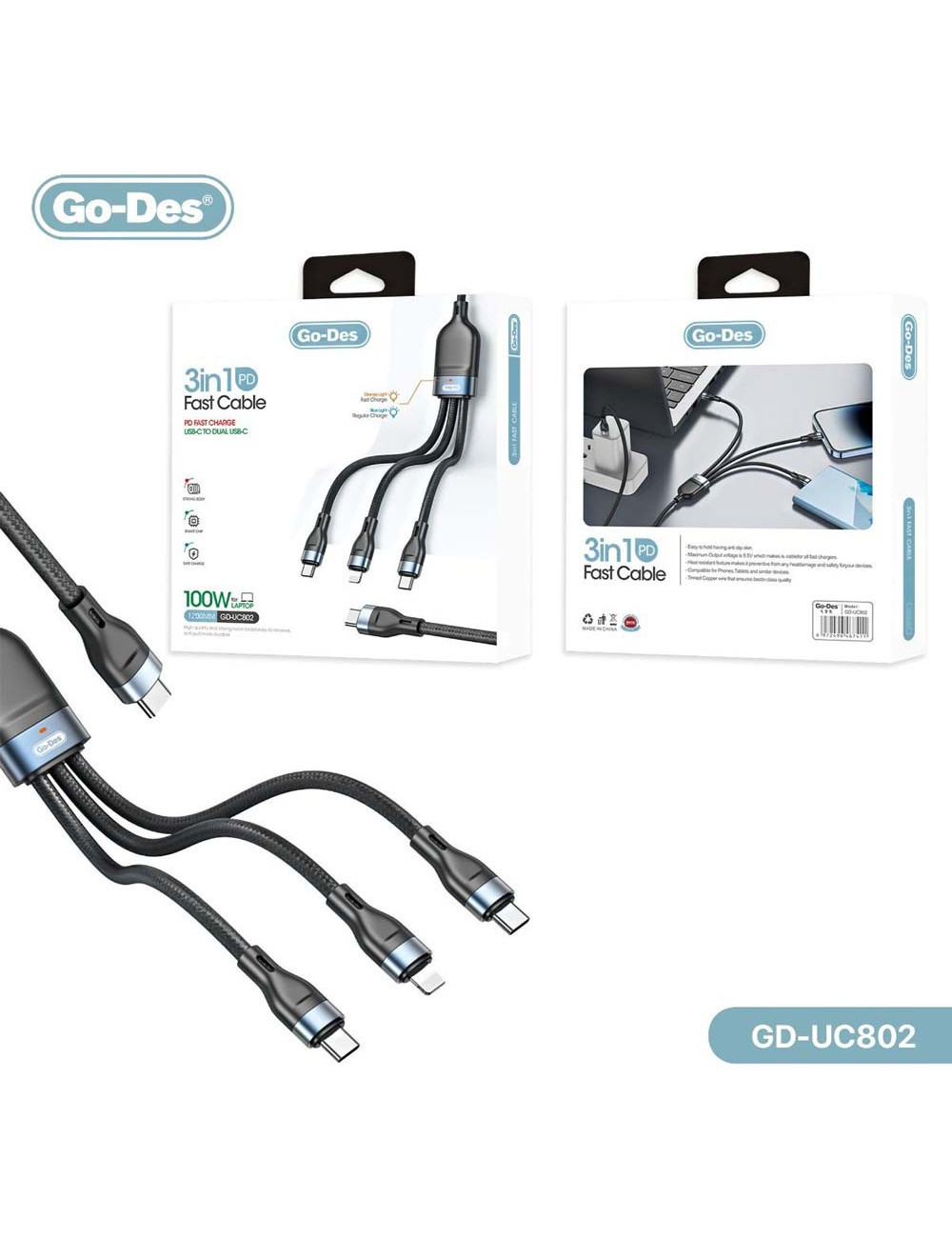 GO-DES GD-UC802 3 IN 1 TYPE C CHARGING CABLE
