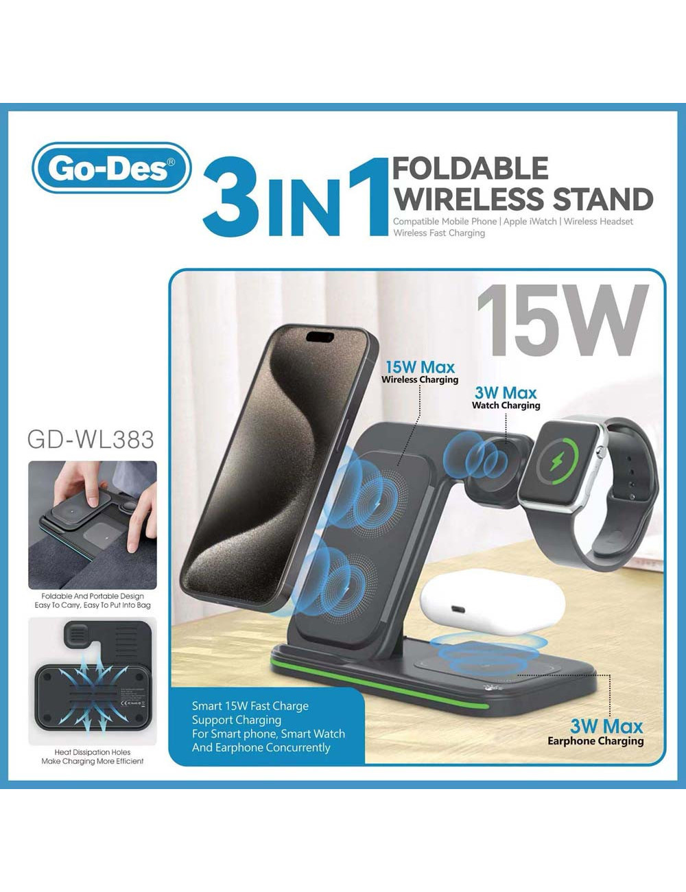 GO-DES GD-WL383 3IN1 استاند تليفون مع شاحن وايرليس للساعة والسماعة